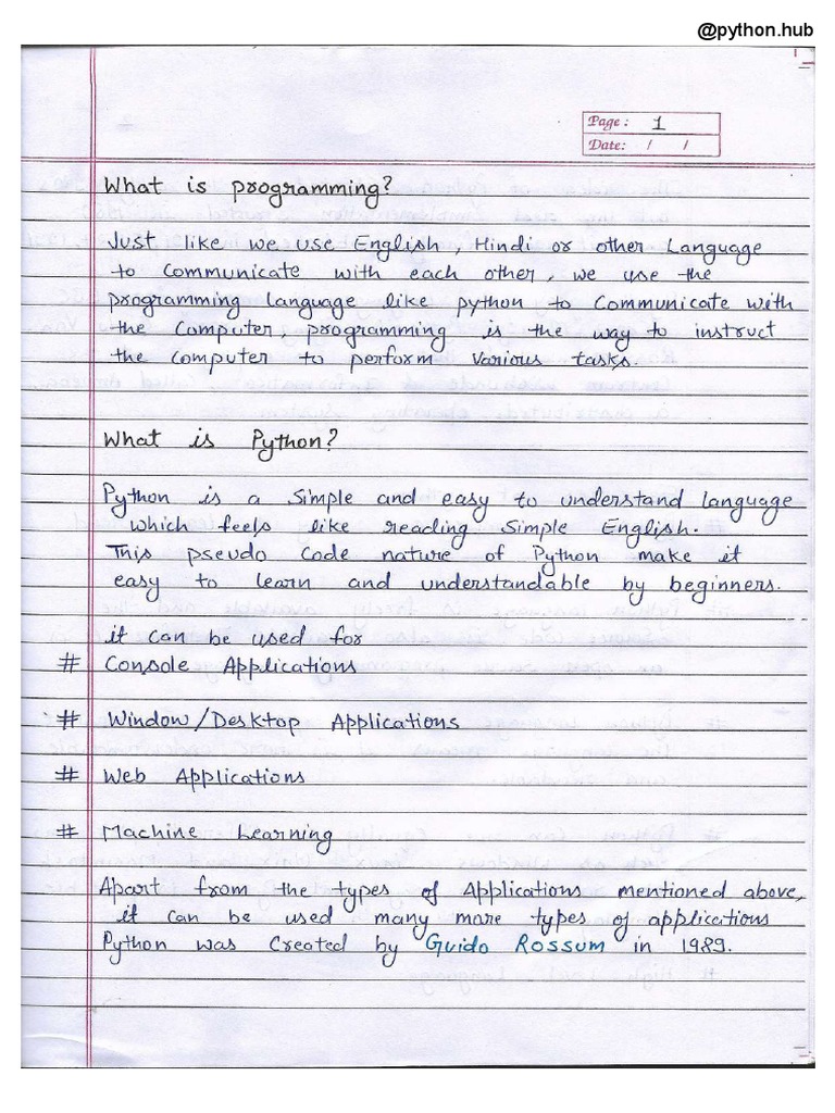 Python Handwritten Notes (100 Pages) by @python - Hub | PDF
