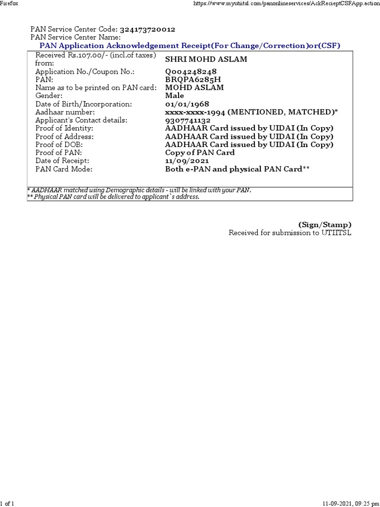PAN Application Acknowledgement Receipt (For Change/Correction) or (CSF