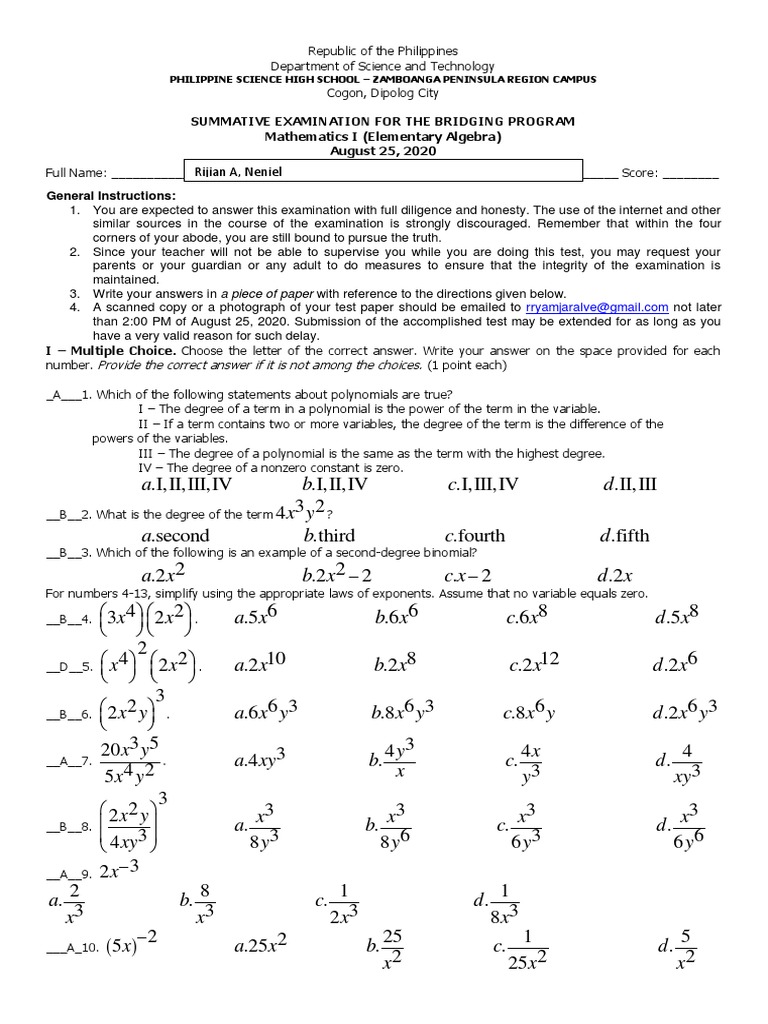 Summative Exam in Math 1 For The Bridging Program - Do | PDF | Test ...