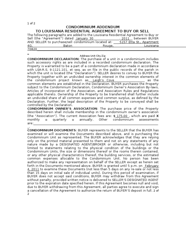 Louisiana Condo Purchase Addendum | PDF