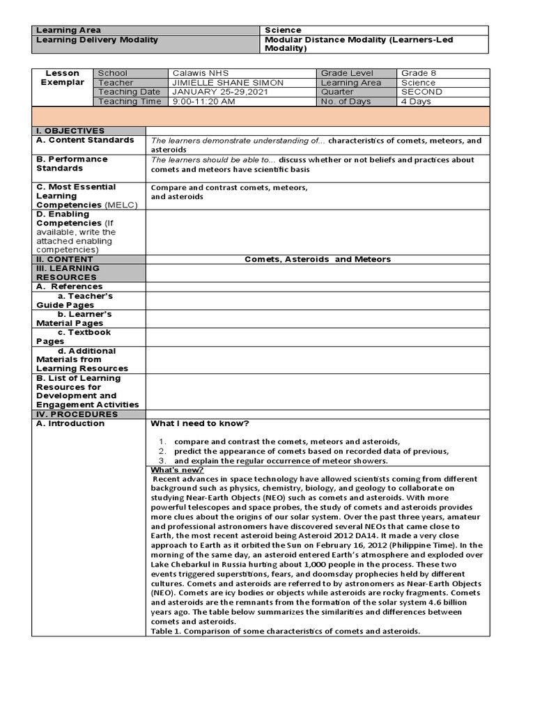 Lesson Exemplar On Comets and Meteors | PDF | Meteoroid | Comet