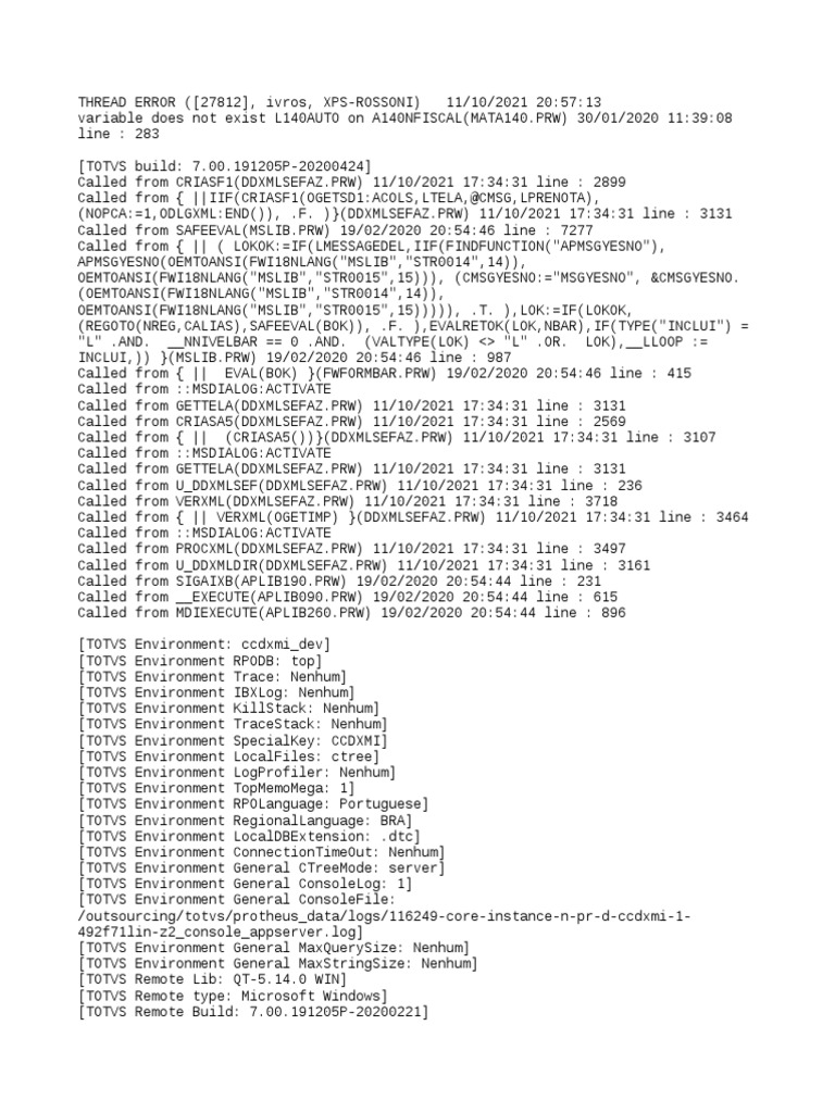 TOTVS Error Log Analysis | PDF | Software | Computer Architecture