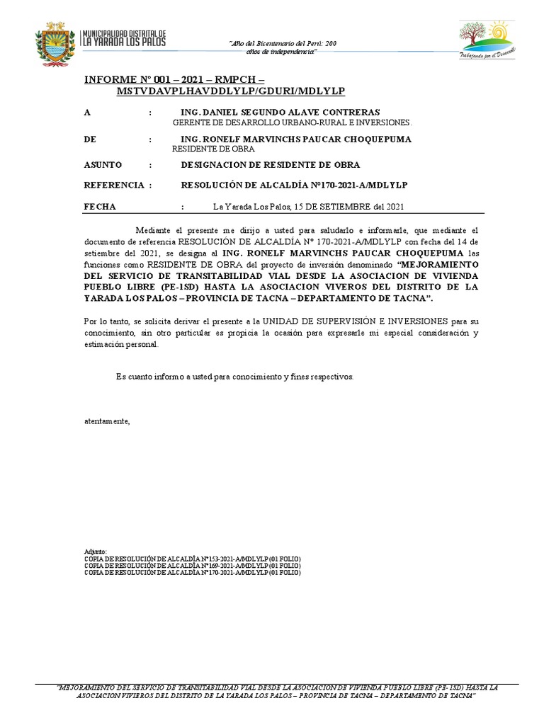 Informe N 001 2021 Designacion De Residente De Obra PDF