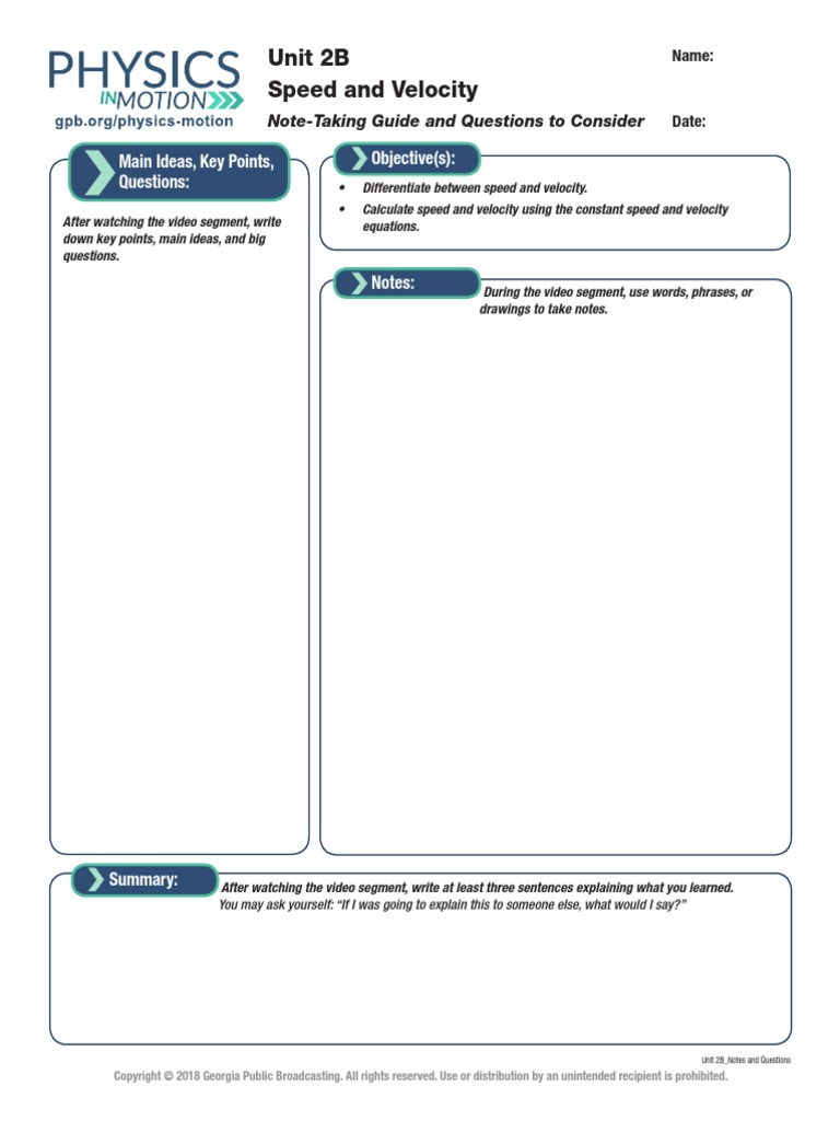 Unit 2B Speed and Velocity: Objective(s) : Main Ideas, Key Points 