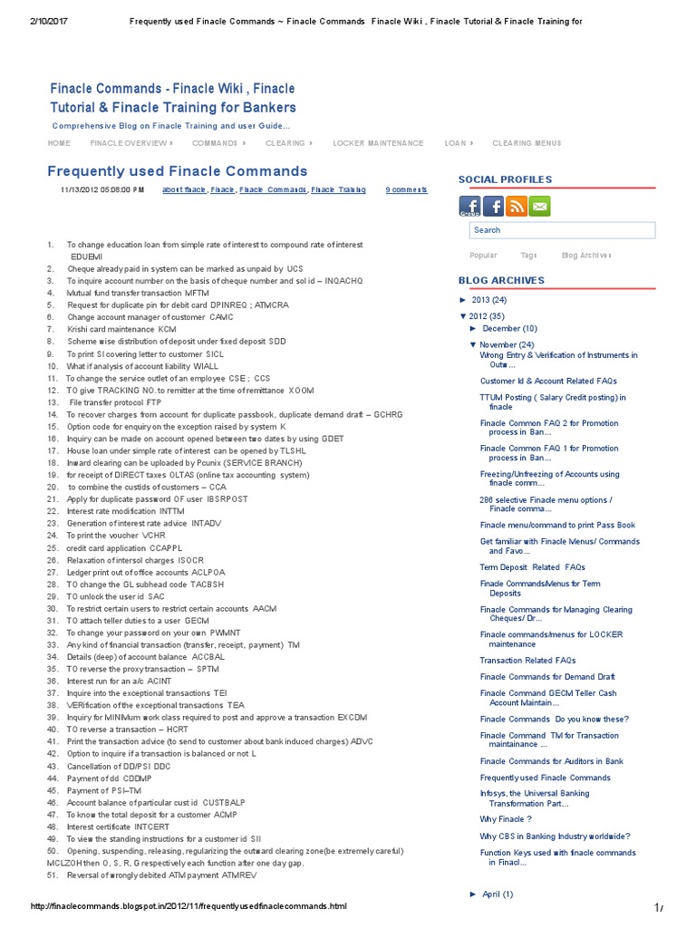 Finacle Commands for Bankers | PDF | Financial Transaction | Banks