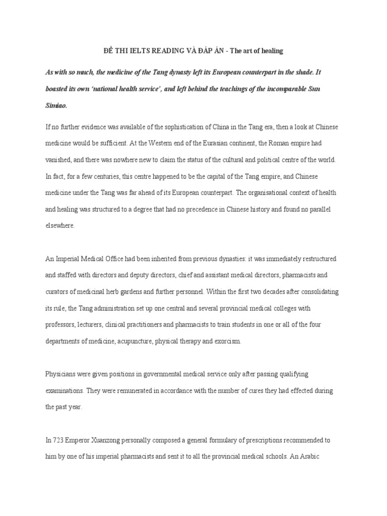 Art of Healing Reading Passage | PDF | Medicine | Tang Dynasty