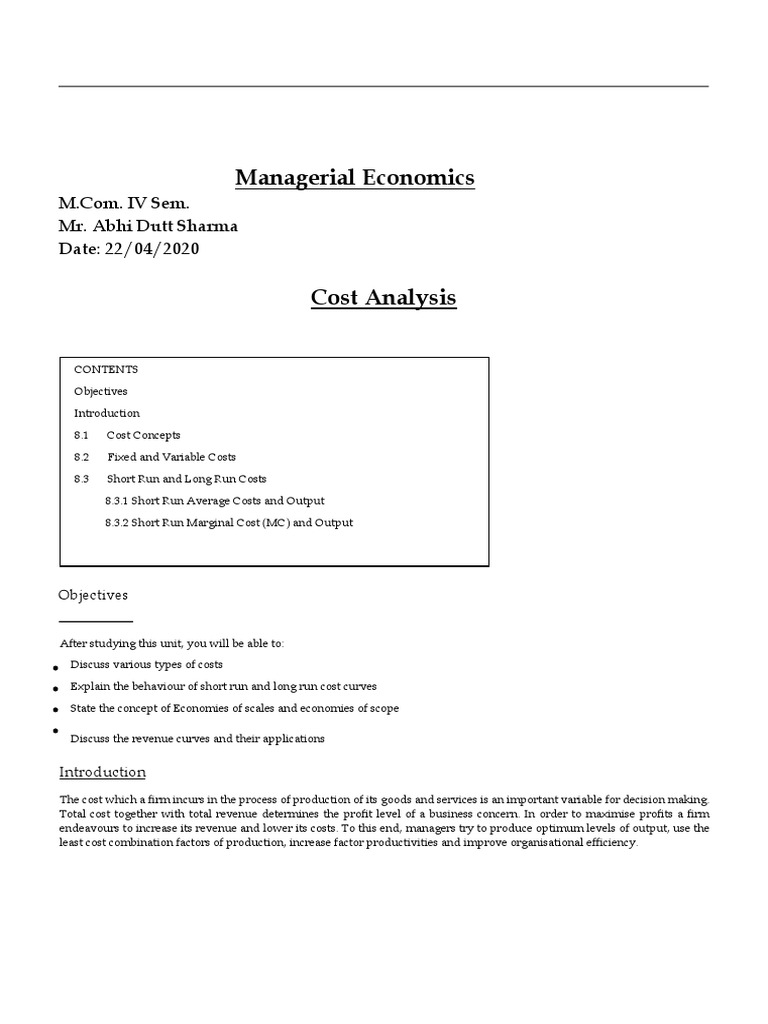 Managerial Economics (M.com IVth Sem.) 22-4 | PDF | Average Cost ...