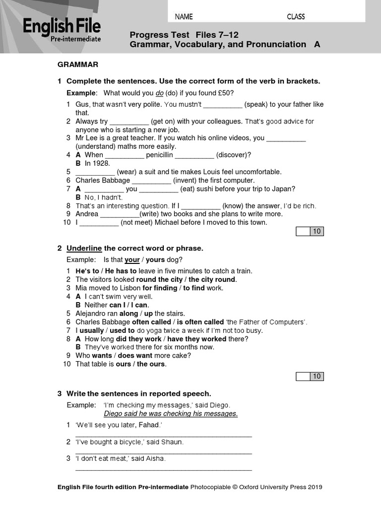 Progress Test Files 7 12 Grammar Vocabulary And Pronunciation A