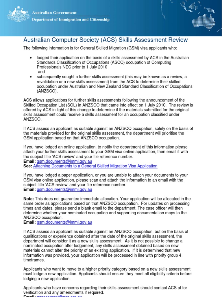 ACS Skills Assessment Review for GSM Visa | PDF