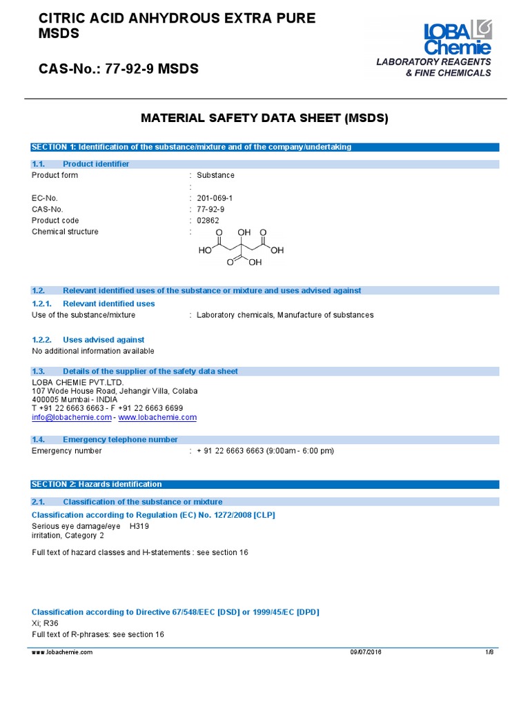 Citric acid anhydrous extra pure msds cas 77 92 9 msds pdf