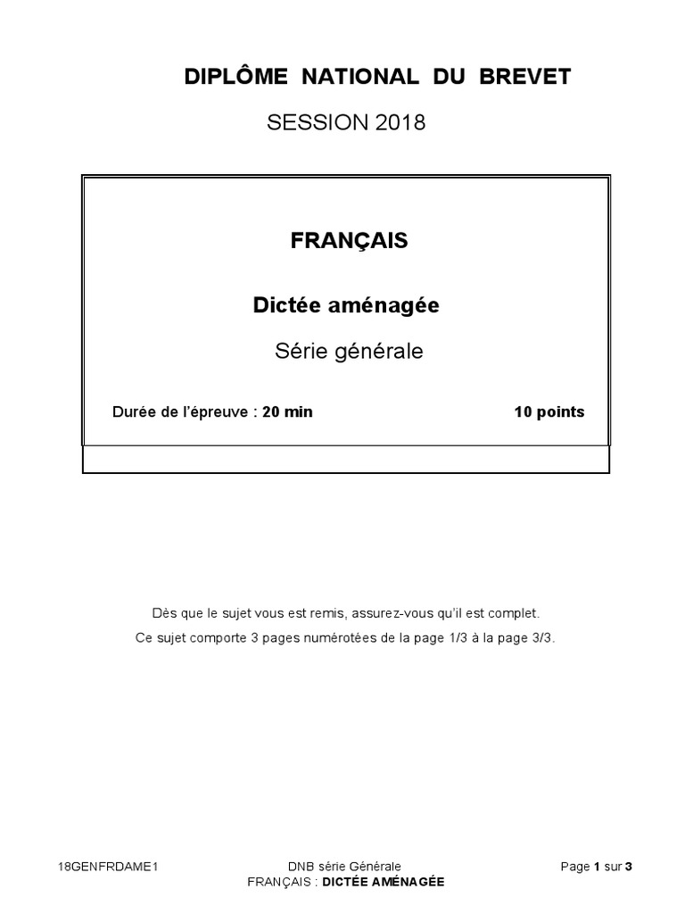 Dictée Aménagée Brevet Avec Correction DNB 2018 Dictee Correction | PDF | France