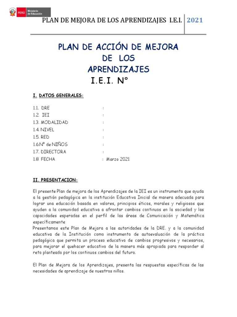 Plan de Mejora Inicial | PDF | Salón de clases | Evaluación