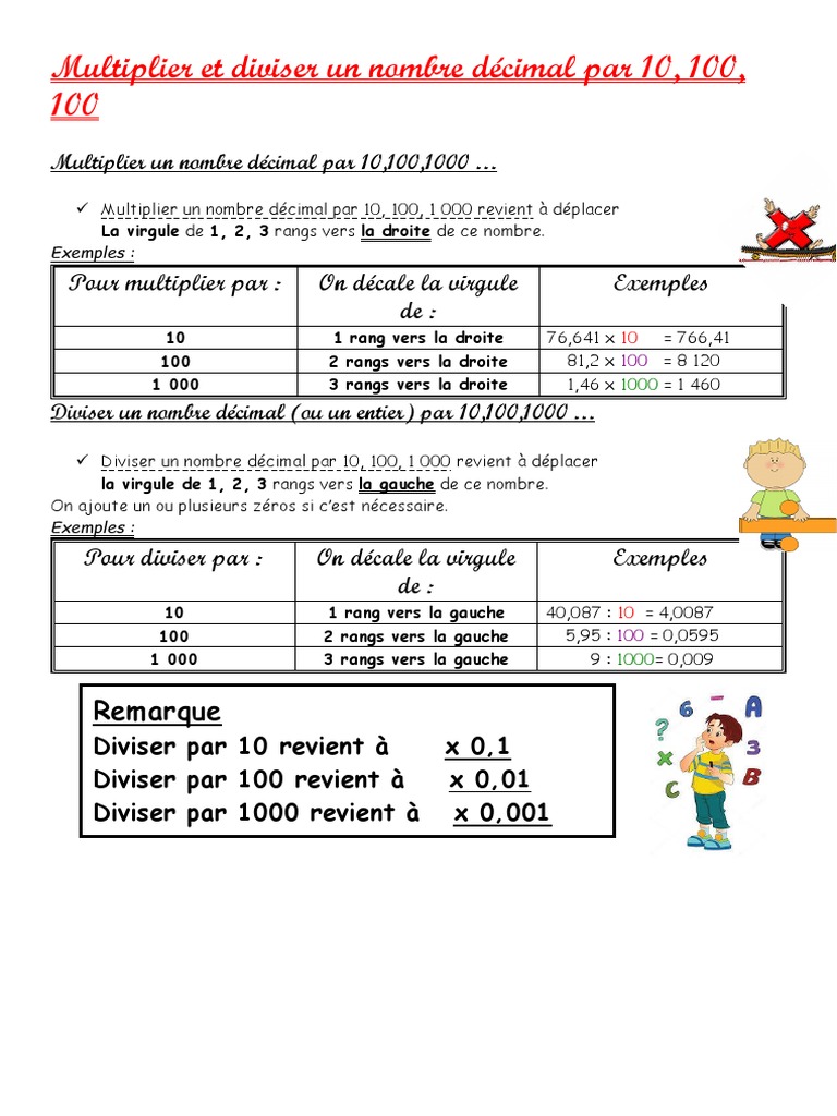 Multiplier Par 10 100 Ou 1000 Exercices à Imprimer Lmultiplier Et Diviser Un Nombre Décimal Par 10 100 Et 1000 - Leçon | PDF