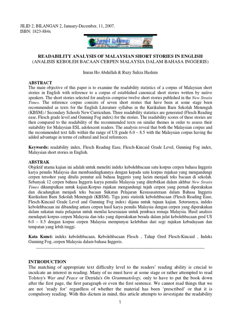 Readability Analysis Of Malaysian Short Stories In English Pdf Linguistik Ilmu Kognitif