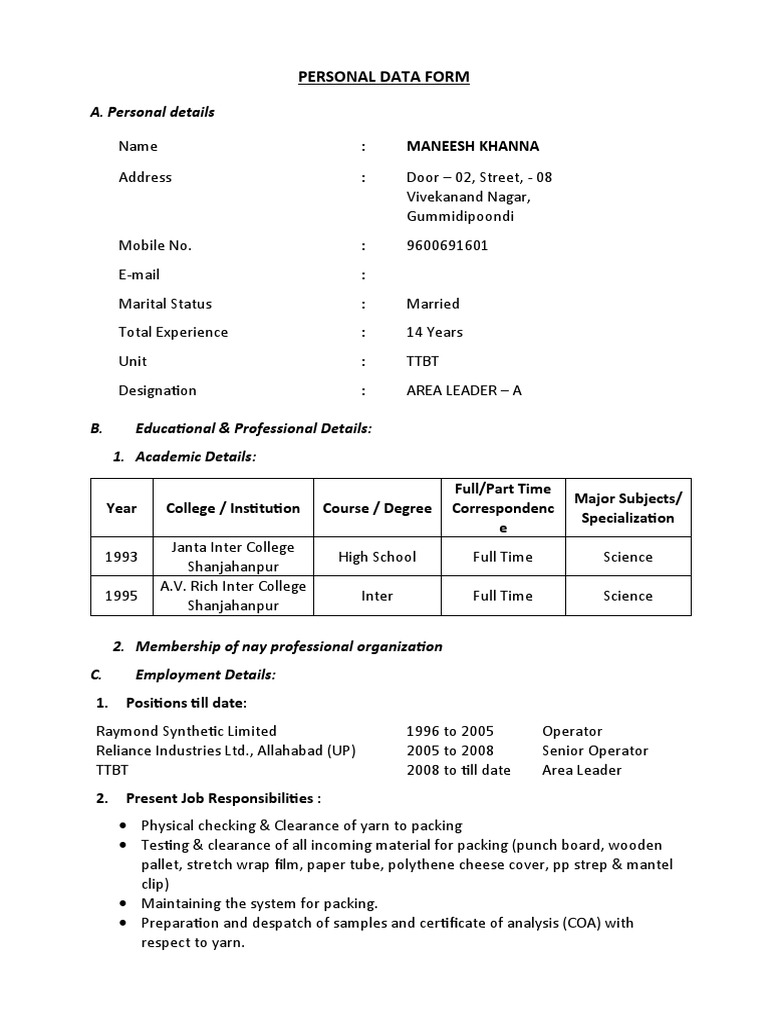 Personal Data Form | PDF