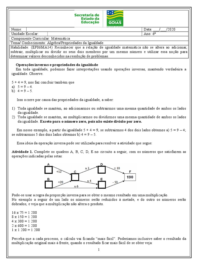 Propriedades da igualdade matemática: operações inversas, resolução de ...