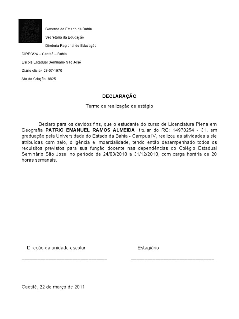 Declaração de Estagio