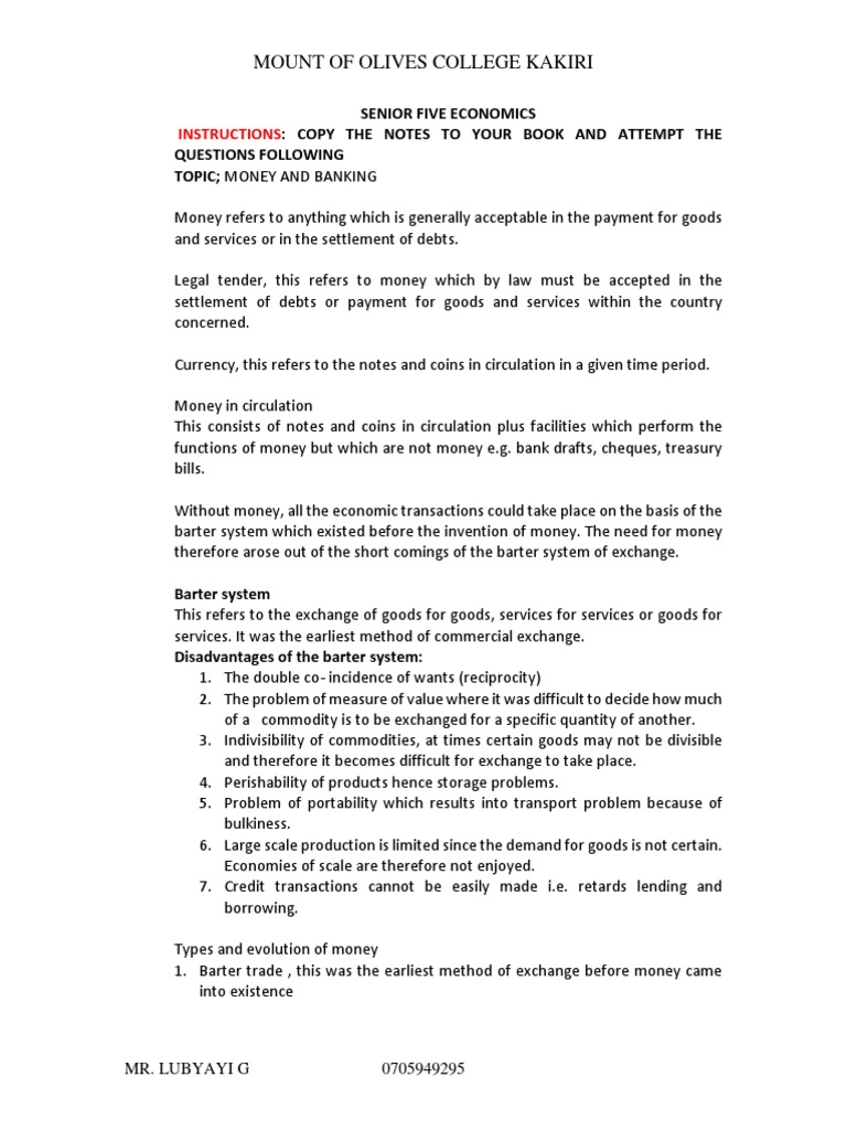 Mount of Olives College Kakiri Instructions PDF Money Creation Banks