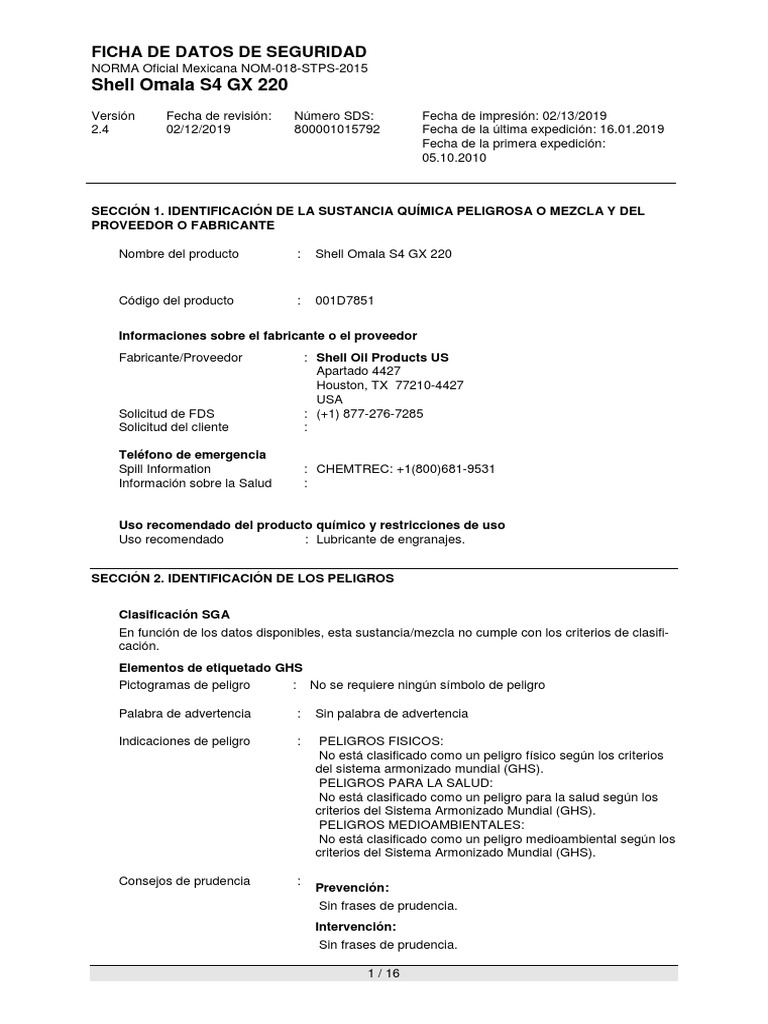 HDS - Shell Omala S4 GX 220 | PDF | Residuos | Naturaleza