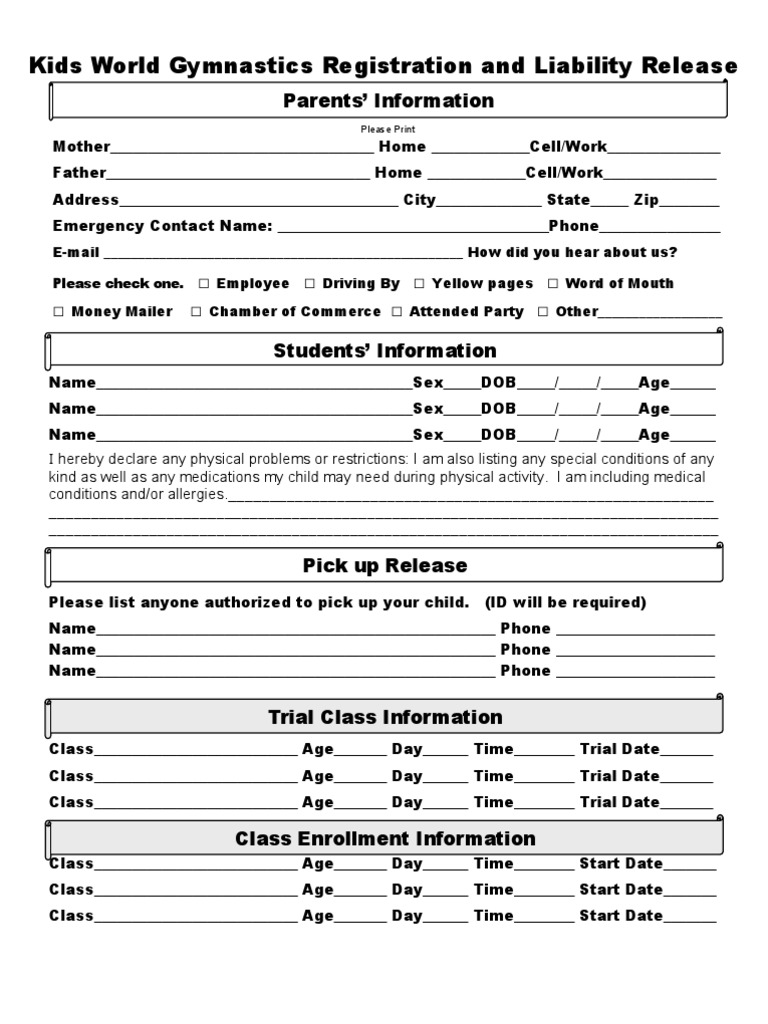 Kids World Gymnastics Registration Form | PDF | Common Law | Justice