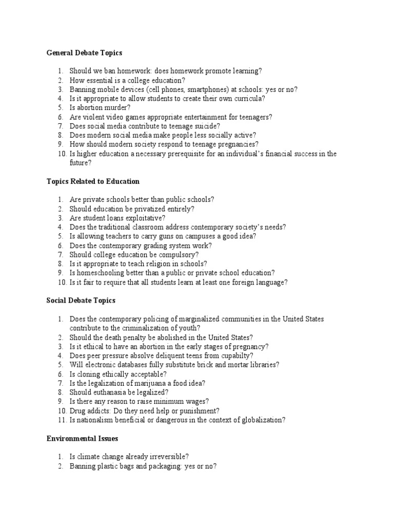 General Debate Topics PDF Health Care Adolescence