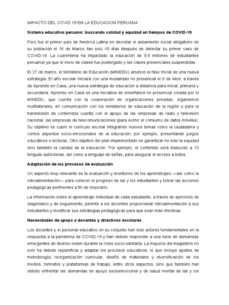 Impacto del COVID-19 en la Educación Peruana | PDF | Educación más alta ...