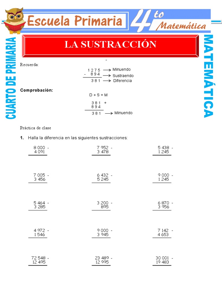 Ejercicios de Sustracción para 4to Grado | PDF | Sustracción | Aritmética