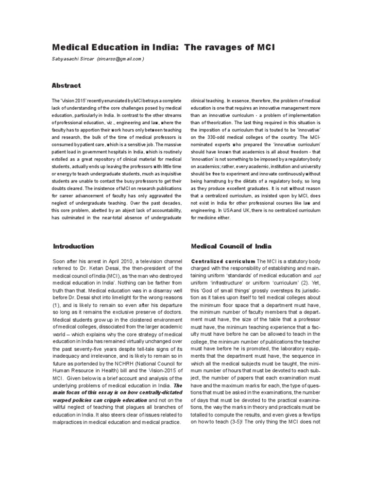Medical Education in India and The Medical Council of India (MCI) | PDF ...