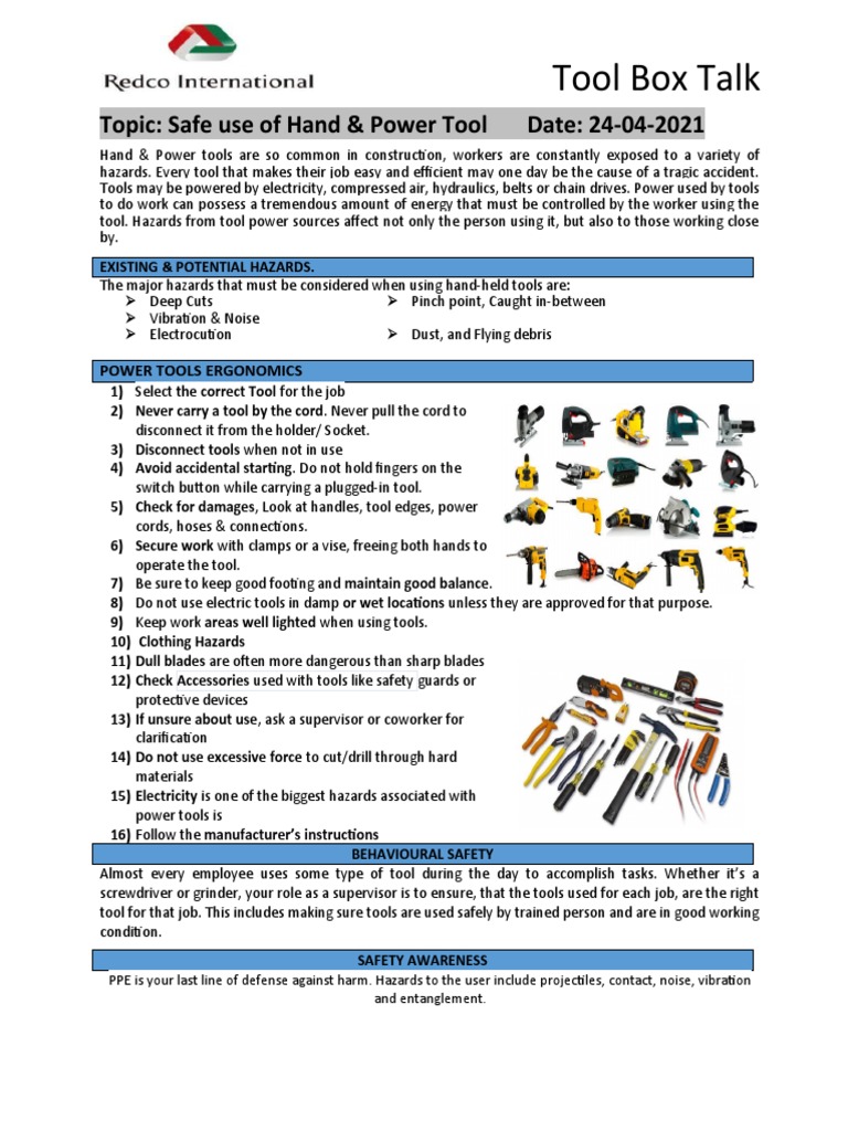 24042021 TBT Safe Use of Power and Hand Tools PDF Tools
