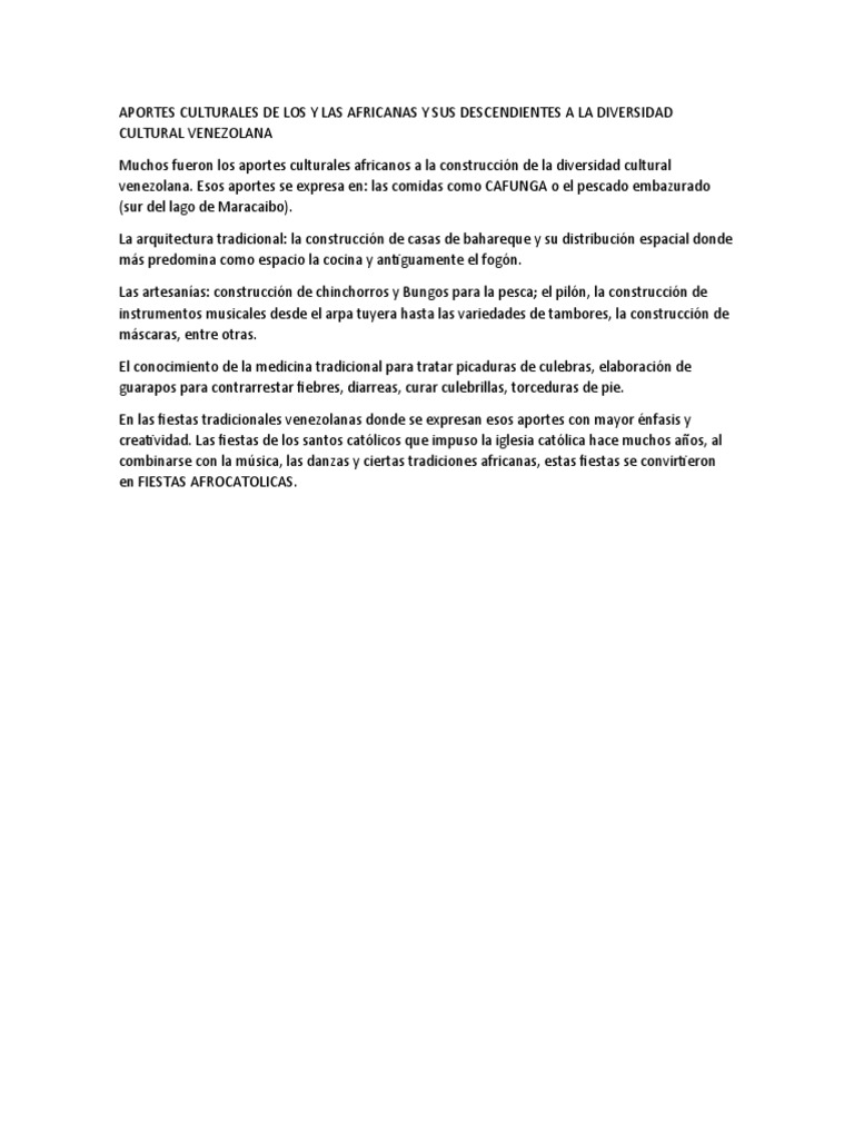 Aportes Culturales Afrodescendientes en Venezuela | PDF
