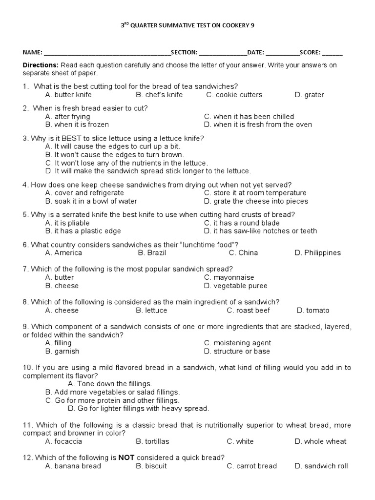 3rd Quarter Summative Test On Cookery 9 Pdf Sandwich Breads