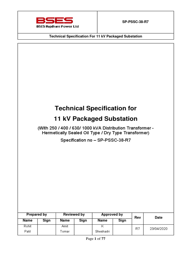 Technical Specification For 11 KV Packaged Substation | PDF ...