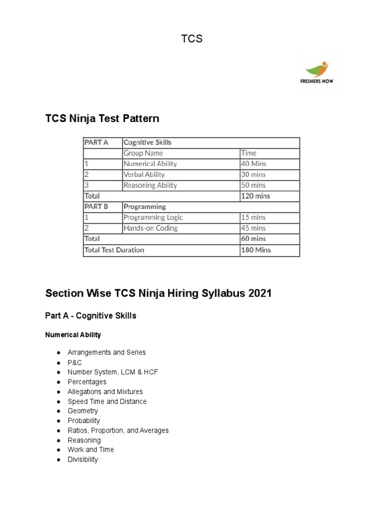 TCS Ninja Test Pattern, Topics | PDF | C++ | Computer Programming