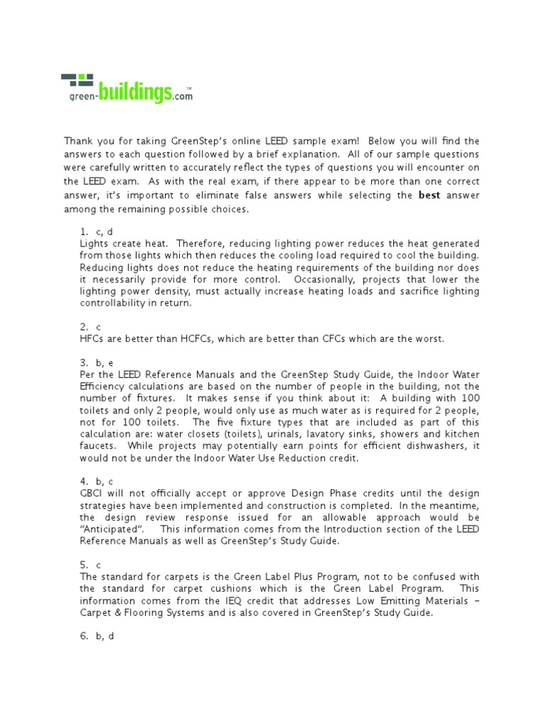LEED Exam Sample Questions Explained | PDF | Leadership In Energy And ...