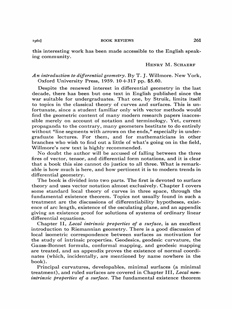 An Introduction To Differential Geometry. by T. J. Willmore. New York