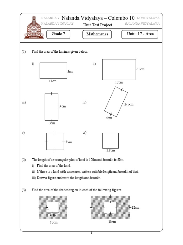 Nalanda vidyalaya colombo 10 grade 7 unit test project mathematics