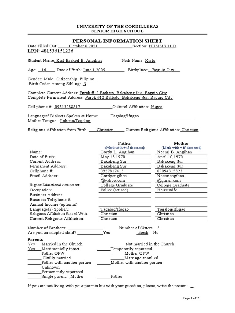 Personal Information Sheet University of The Cordilleras Senior High