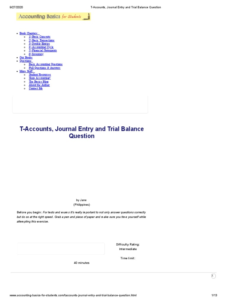 T Accounts Journal Entry and Trial Balance Question PDF Debits And
