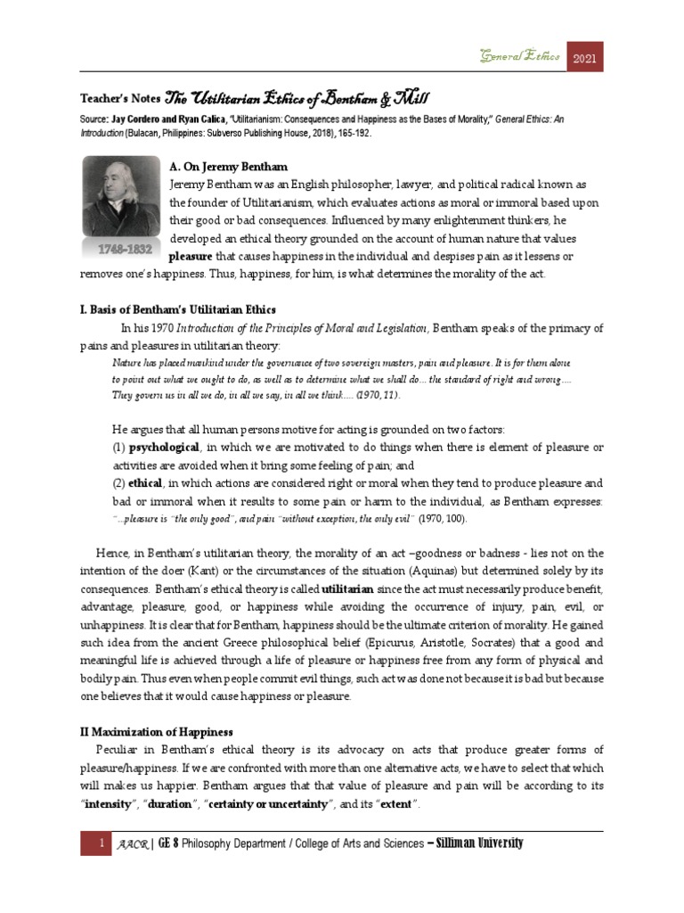 Bentham's Utilitarian Ethics Explained | PDF | Utilitarianism | Pleasure