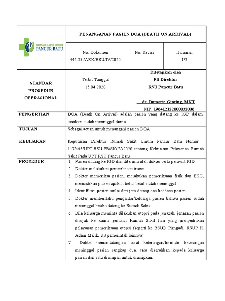 Prosedur Penanganan Pasien DOA | PDF