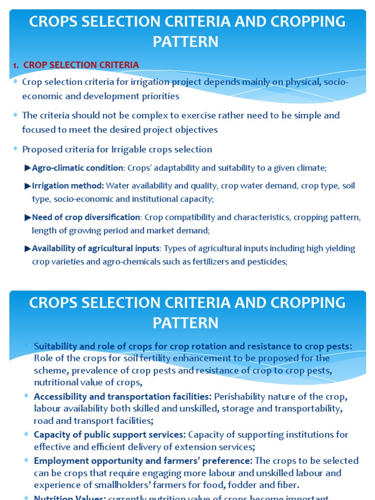 Crop Selection Criteria for Irrigation | PDF | Agriculture | Irrigation