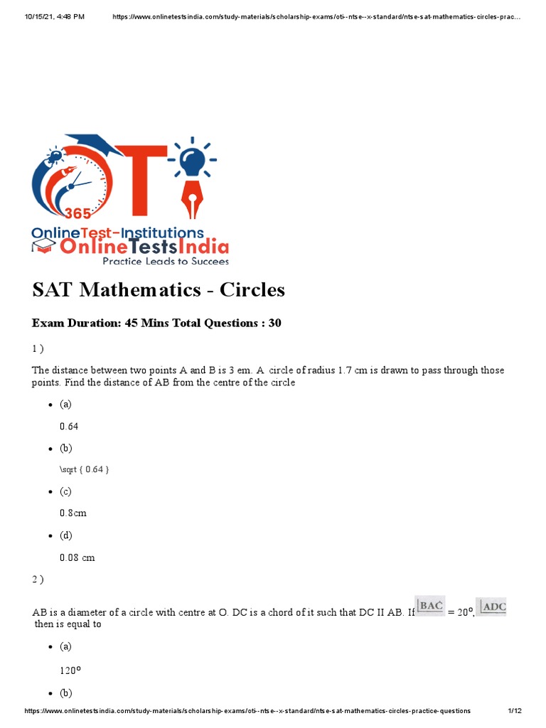 SAT Circle Practice Questions | PDF | Circle | Euclidean Geometry