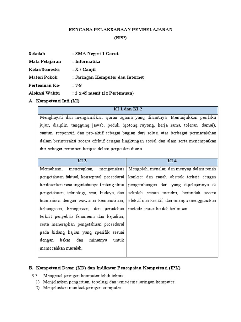 RPP Informatika SMA 3 (Jaringan Komputer Dan Internet) | PDF | Seni ...