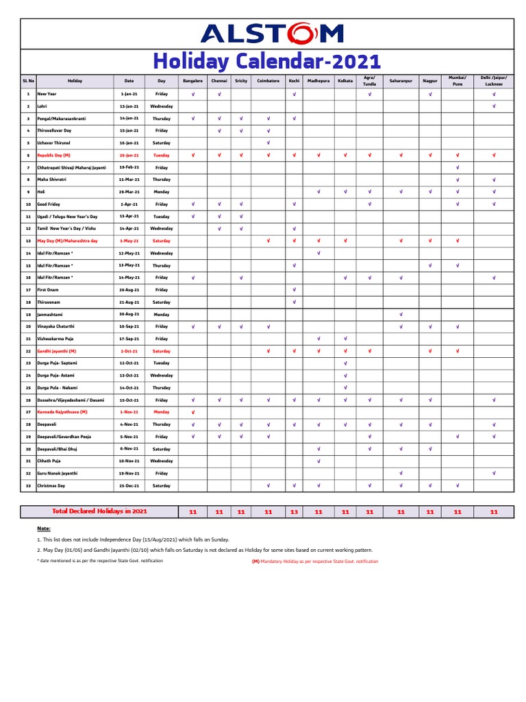 Consolidated Holidays - ALSTOM India - 2021 | PDF | South India | Hindu  Worship