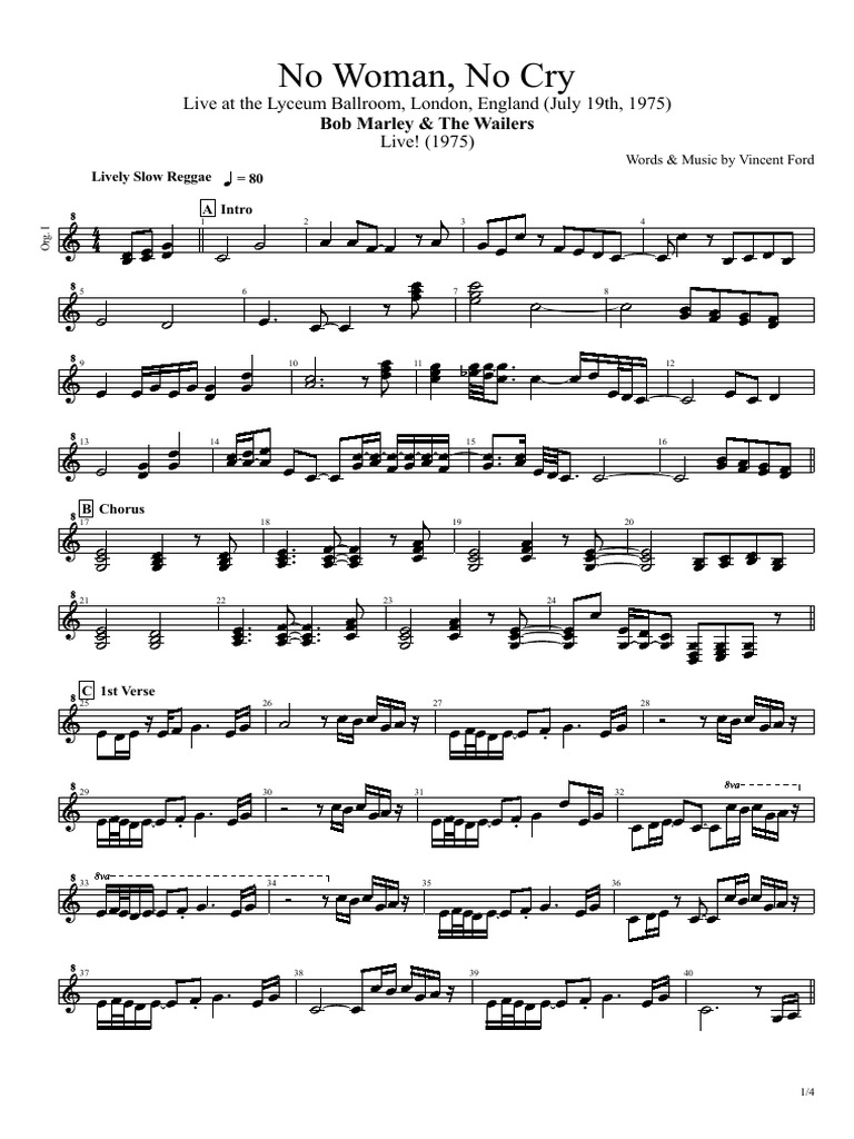 Bob Marley - No Woman, No Cry - Sheet Music for String Quartet