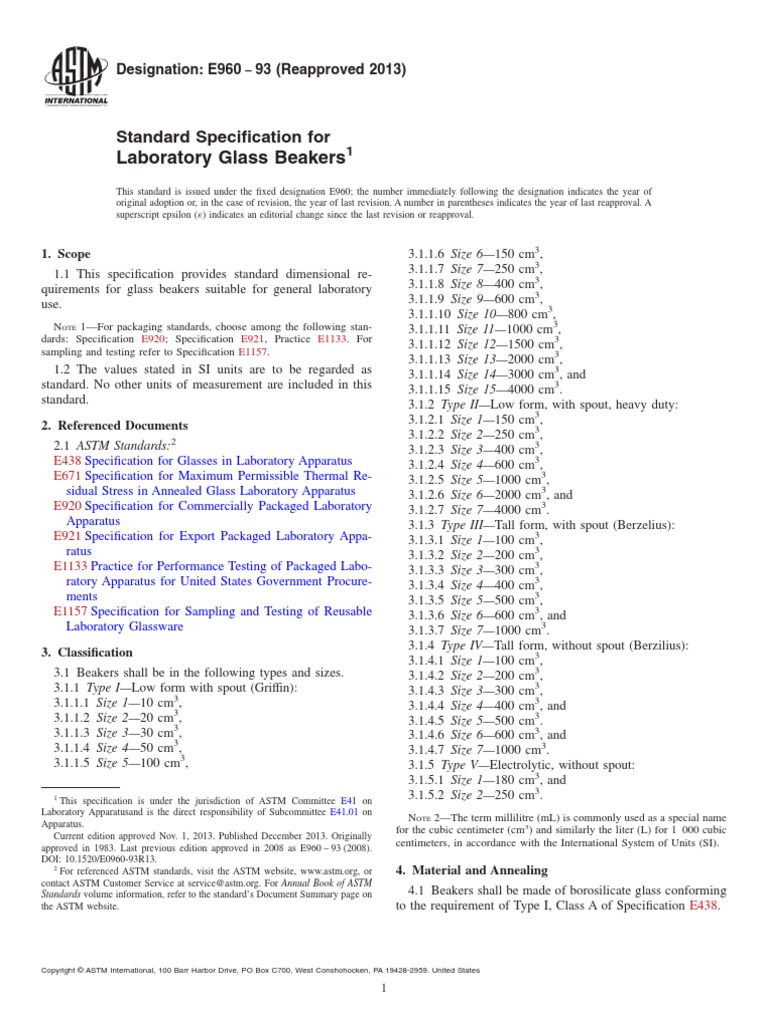 Laboratory Glass Beakers: Standard Specification For | PDF | Litre