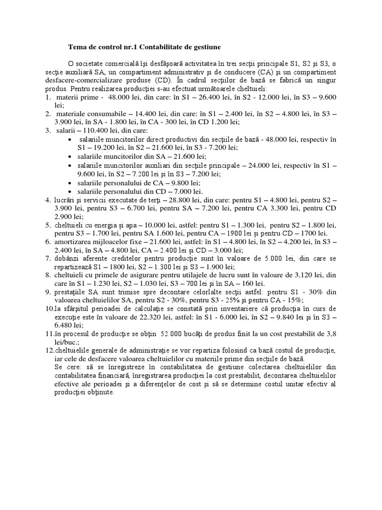 Tema+de+Control+Nr 1+Contabilitate+de+Gestiune | PDF