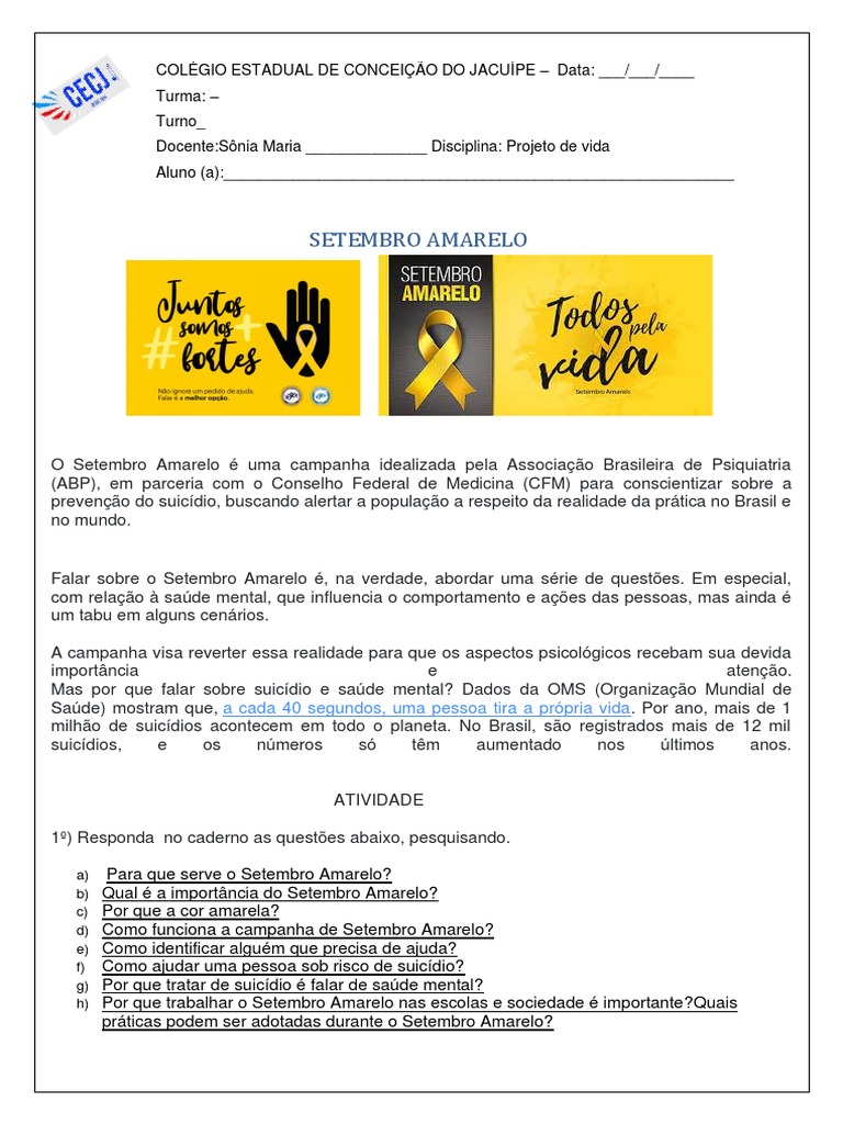 Atividade Sobre Setembro Amarelo | PDF