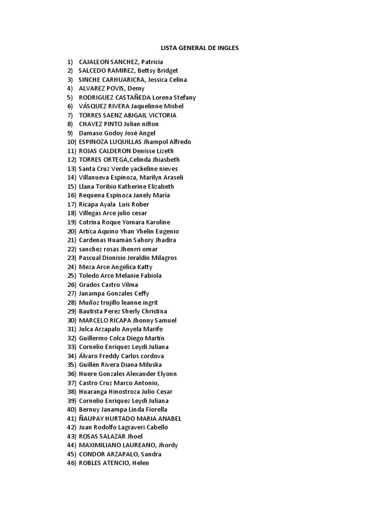 Lista General de Ingles Apellidos y Nombres PDF