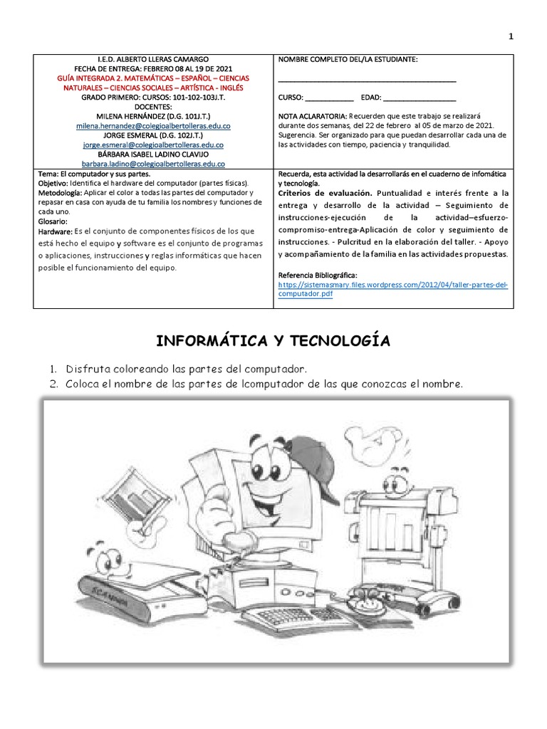 Guia Integrada 2. Informatica y Tecnologia. Grado Primero (101-102-103 ...